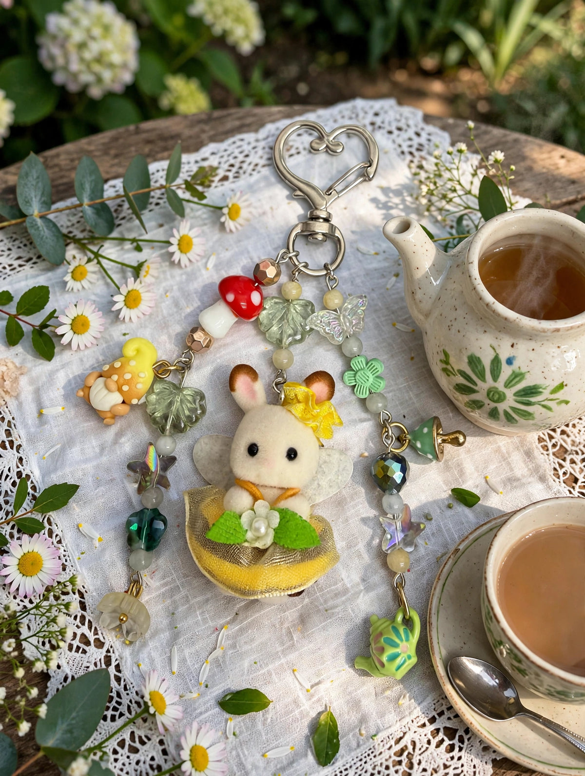 Honey Bee Bunny Bag Charm at a garden tea party
