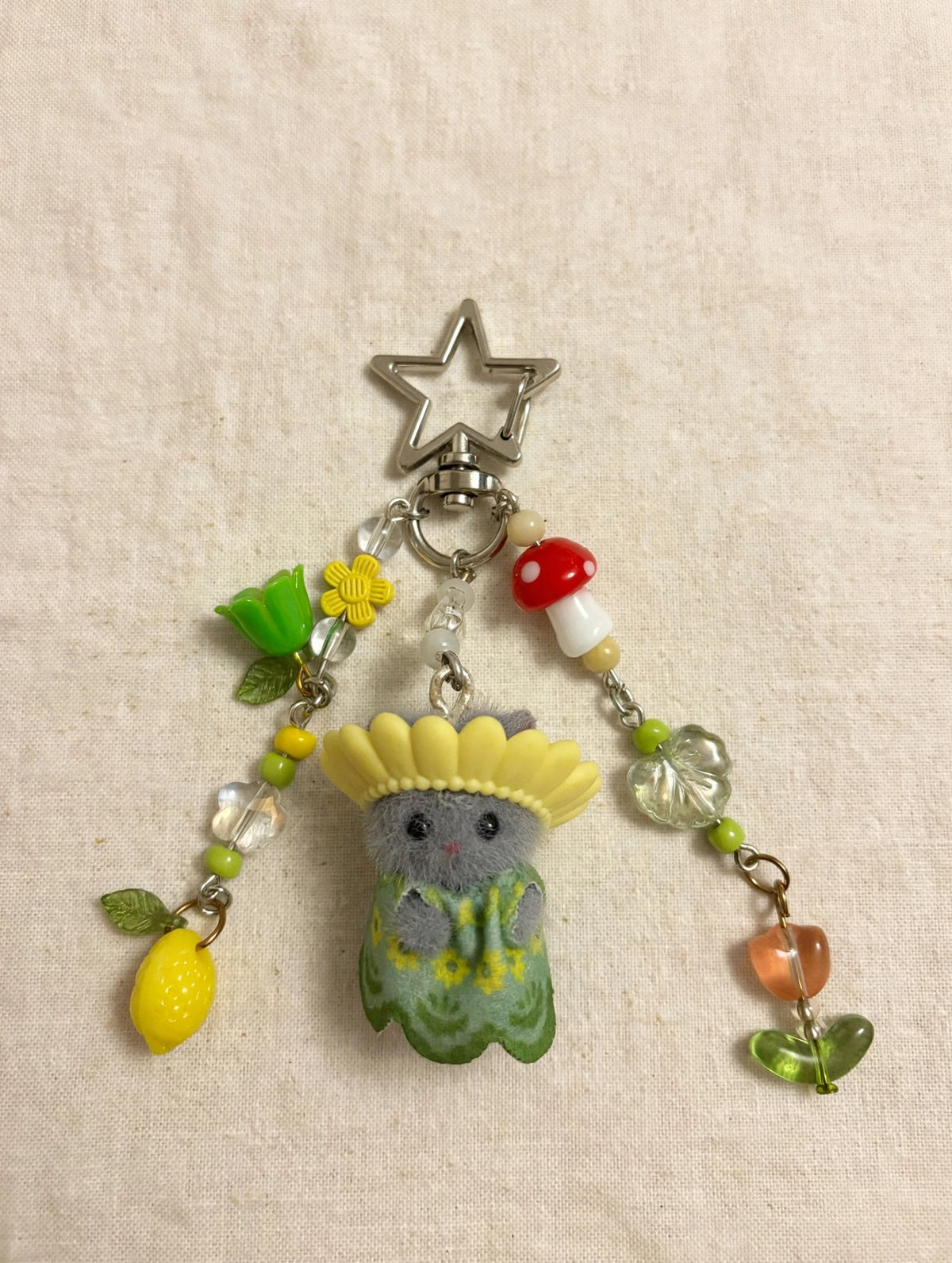 Flower Hat Grey Cat Bag Charm
