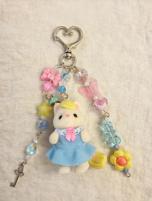 Blue Dress Cat Blonde Braid Bag Charm