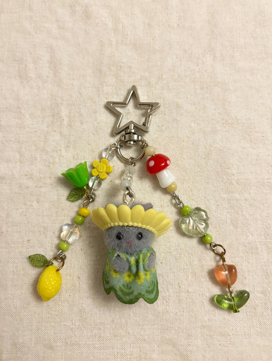 Flower Hat Grey Cat Bag Charm